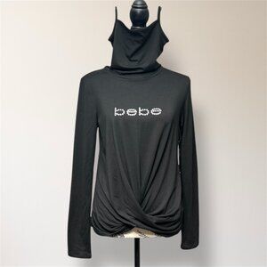 New bebe Black Rhinestone Logo Face Mask Long Sleeve Twist Hem Y2K Top L Retro